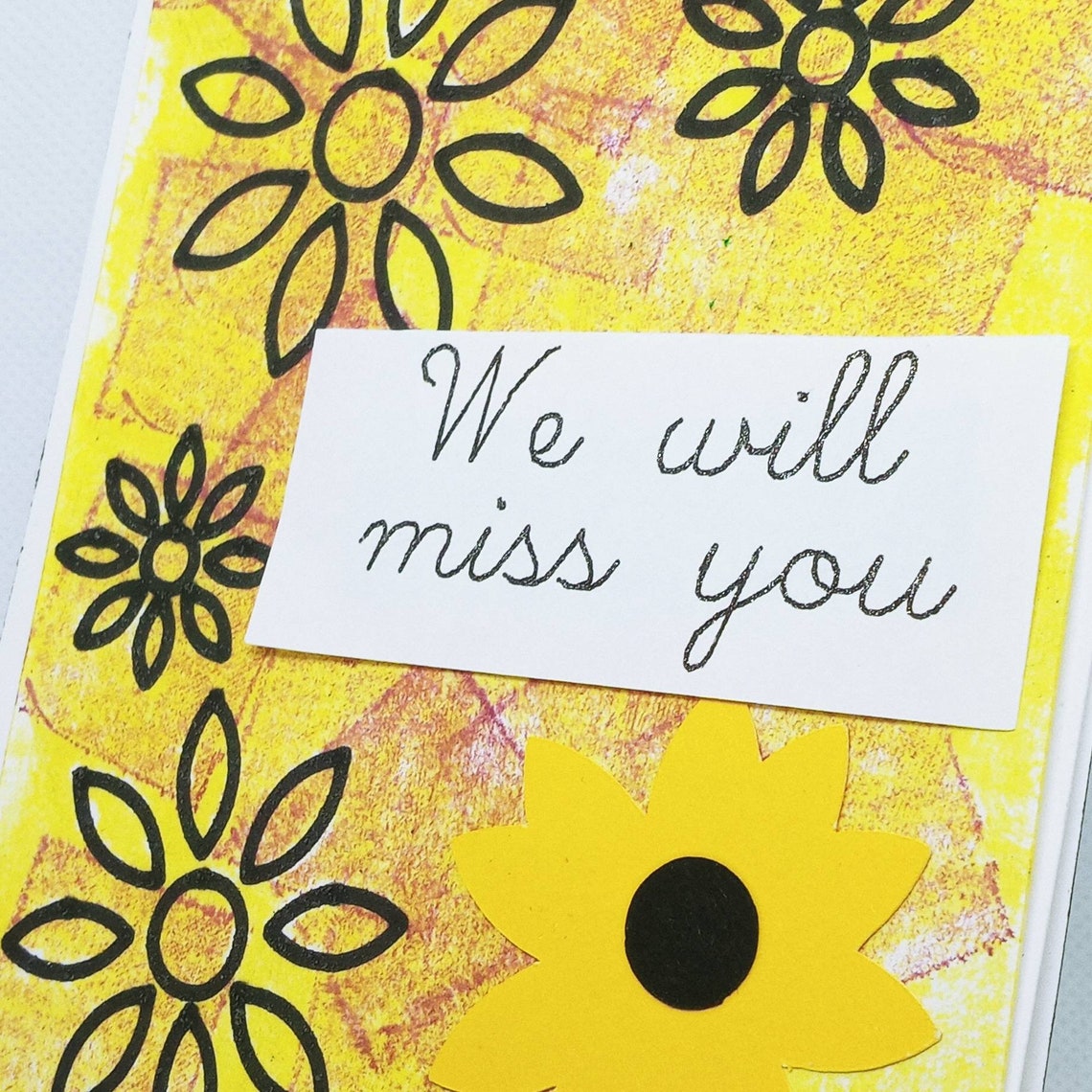 Miss you card svg. Daisies and flower background. We will miss Etsy