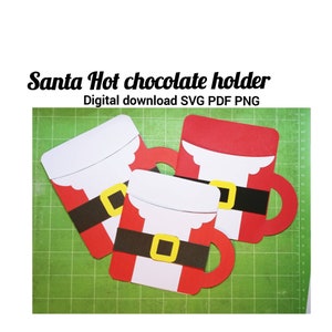 Soporte de chocolate caliente de Santa, tarjeta de regalo de sobre, tazas de cacao de Navidad SVG PNG PDF