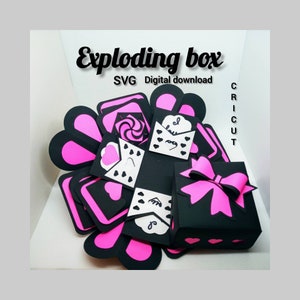 Exploding box svg,Explosion box,Cricut svg,valentine gift,bow,12 message pockets,including flower and heart closure, gate, tiny envelope