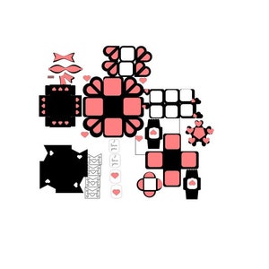以下が含まれることがあります： 黒とピンクの紙製クラフト要素のコレクション。箱、リボン、ハート型のアクセントが含まれています。デザインはさまざまな形とサイズで、「I love you」の文字が一部にあります。DIYプロジェクトに最適です。