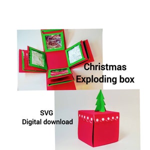 May include: A red and green Christmas exploding box with a Christmas tree on top. The box is decorated with white polka dots. SVG digital download.