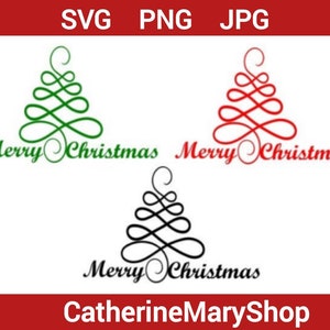 Puede incluir: Tres variaciones de un diseño de árbol de Navidad estilizado con el texto "Merry Christmas" en una fuente cursiva. Los árboles son verde, rojo y negro.
