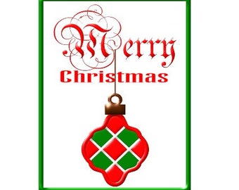 Merry Christmas, arabesque ornament card. Printable PDF PNG. 4X5in. x 2 per page.