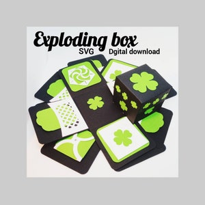 May include: A black and green exploding box with a clover design. The box is open and the different panels are visible. The text "Exploding box" and "SVG Digital download" is visible on the image.