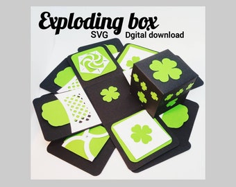 Explosionsbox SVG, Kleeblatt Box, St. Patty's Day Geschenk, st. Patrick's Day Box, Explosionsbox, Blumenfalten Umschlag, Herzverschlusstasche