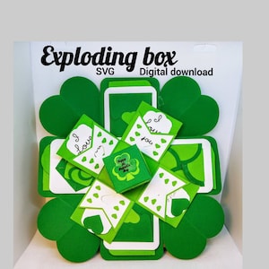 Boîte explosante SVG, carte coeur explosion, Saint-Patrick, carte pop-up, boîte qui explose, svg boîte explosion, carte de poche, SVG, modèle papercut