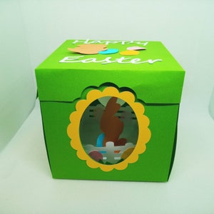 Explosion de boîte SVG, lapin de Joyeuses Pâques et oeufs, boîte-cadeau de fenêtre, explosion boîte svg, fichier de coupe, modèle de boîte, oeuf de sucre