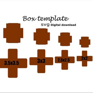 K&ouml;nnte beinhalten: SVG-Digitaler Download von Schachtelvorlagen in verschiedenen Gr&ouml;&szlig;en: 3,5 x 3,5 Zoll, 3 x 3 Zoll, 2,5 x 2,5 Zoll und 2 x 2 Zoll. Die Vorlagen sind braun und haben eine Kreuzform.