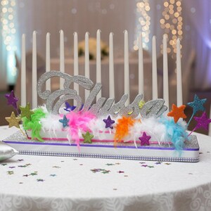 Neon Sweet 16 Candelabra Glitter Script Name with Boa Feathers
