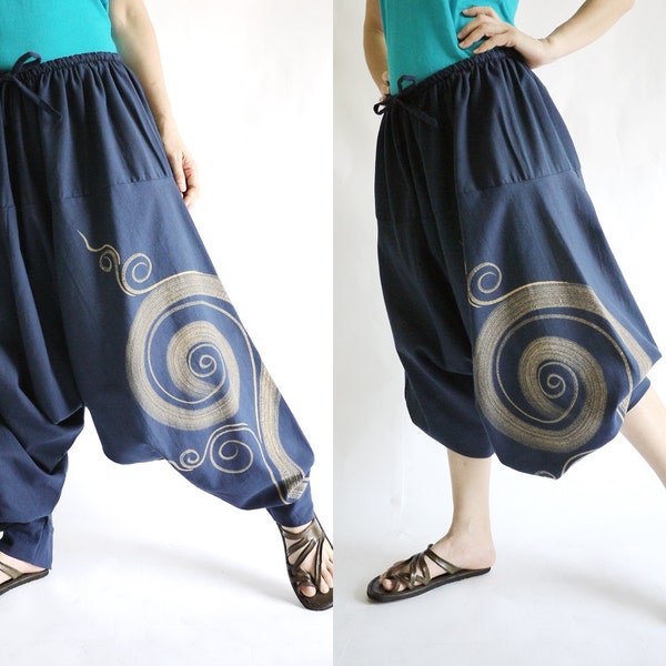 Boho Funky Hippie Harem Drop Crotch Dark Navy Blue Cotton Women Men Pants With Bleach Painting - P025