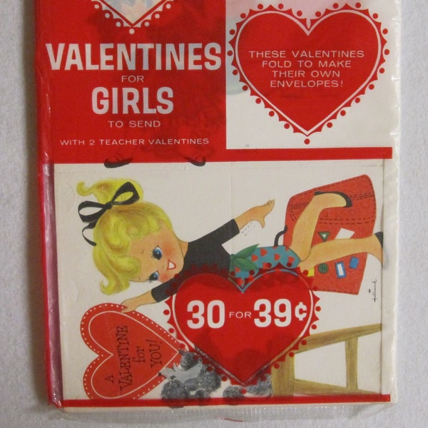 Vintage Unopened Sealed Hallmark Valentines 1960's Girls ~ Unused Package with 30 Cards ~ 12 Different Designs