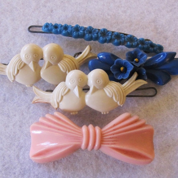 Vintage Plastic Hair Barrettes ~ White Birds, Blue Flowers, 1950's 1960's