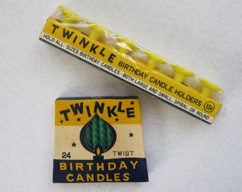 Vintage TWINKLE Birthday Candles and Candle Holders ~ Green and Yellow ~ Made in Japan 1950's ~ Spiral Twist Cake Candles