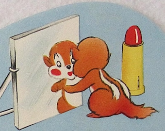 Vintage Unused Birthday Card Chipmunk and Purse with Lipstick Compact Comb 1950's