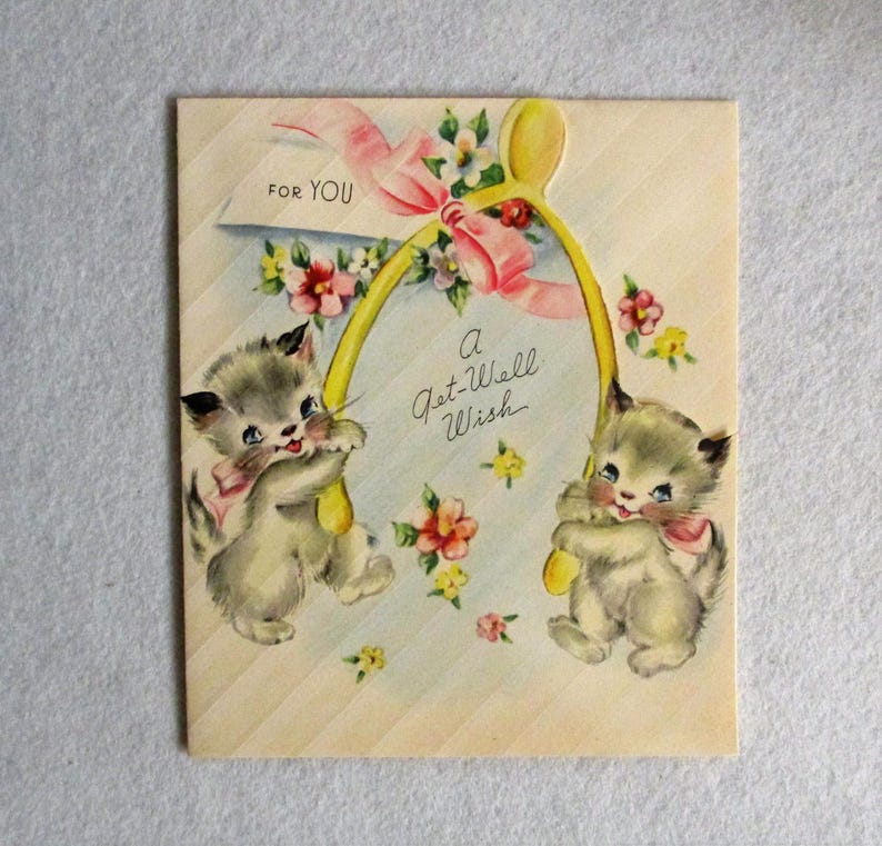 Vintage Unused Adorable Kittens Greeting Card ~ 1950's Kitty Cat Get Well Wish ~ Good Luck Wishbone image 7