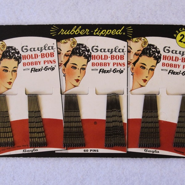 Vintage 1950's Gayla Bobby Pins ~ Original Full Card of 60 Pins for 25 Cents ~ Great Graphics ~ Hold Bob Bobby Pins With Flexi-Grip for Hair