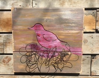 Arte de aves sobre lienzo de madera, material recuperado