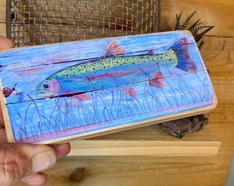 Trucha nadadora, regalo de pesca con mosca / Pequeño bloque de madera para arte / Decoración rústica para pescadores