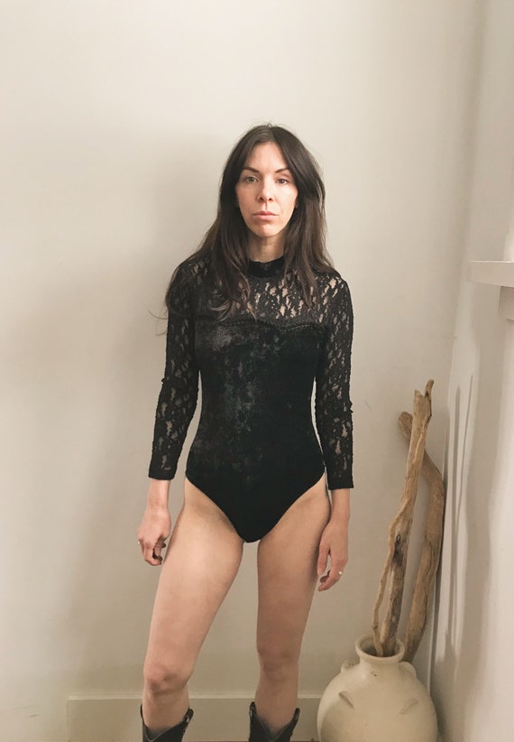 Vintage Velvet Bodysuit // XSmall Lace Onepiece