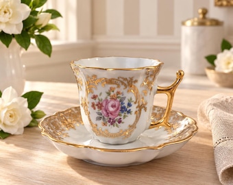 Vintage Limoges Castel France Demitasse Cup and Saucer, Pink Rose Floral Gold Filigree Porcelain,