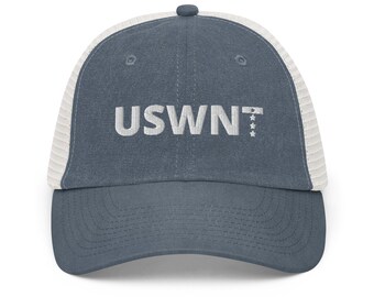 USA Soccer Embroidered Hat, 4 Star Trucker Hat, Women's Soccer Fan Gift, Women's Soccer Fan Hat, USA Soccer Hat, Pigment-dyed trucker cap