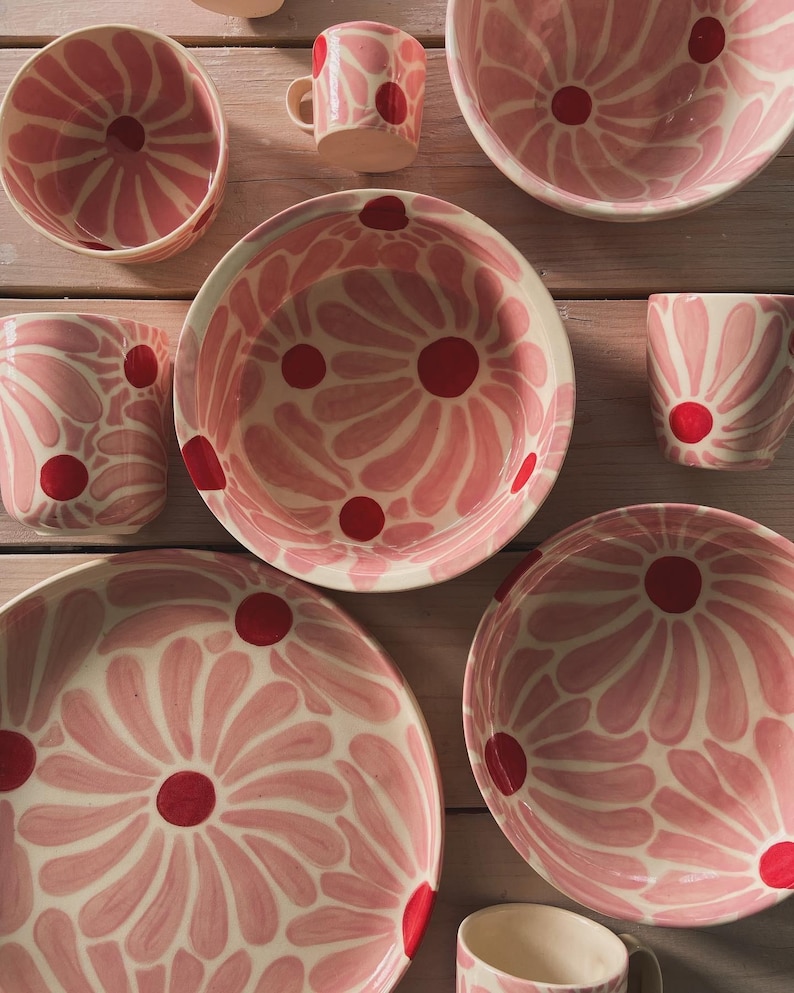 Hand Painted Ceramic Retro Flower Pasta Bowl - Thumbnail 4