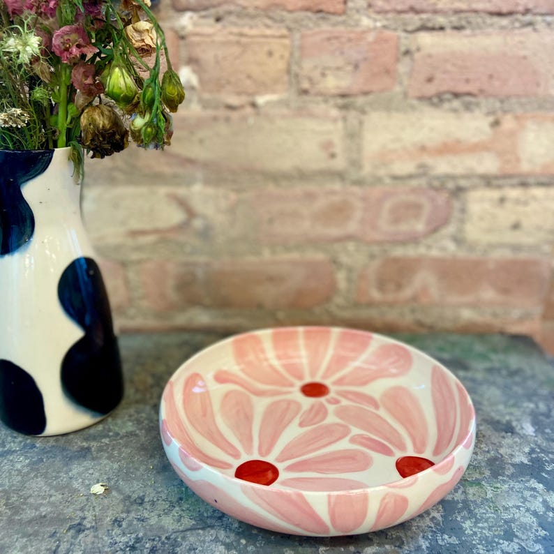 Hand Painted Ceramic Retro Flower Pasta Bowl - Thumbnail 5