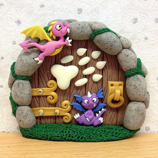 Clay Fairy Door, Fairy Decoration - Small Purple and Pink Dragon Door