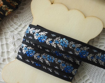 2m of 2.5 cm Black Jacquard ribbon with blue roses,vintage ribbon, decorative ribbon, ornamental, craft ribbon, trim edging, floral, flowery