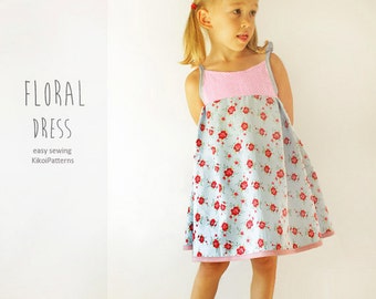 Floral girls DRESS sewing pattern - easy summer toddler dress pdf tutorial - from 1 year to 8 years