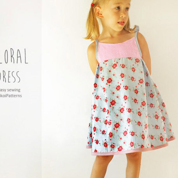 Floral girls DRESS sewing pattern - easy summer toddler dress pdf tutorial - from 1 year to 8 years