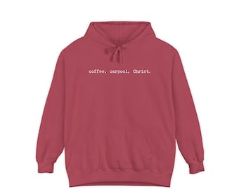 Sudadera con capucha de tipografía minimalista, colores cómodos, Coffee Carpool Christ