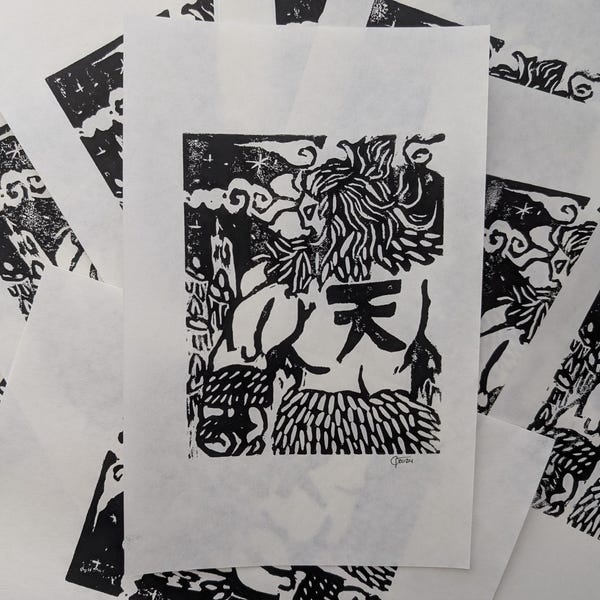 Linograbado en tinta negra sobre papel blanco de AKUMA / Juegos de lucha Street Fighter SF6 FGC