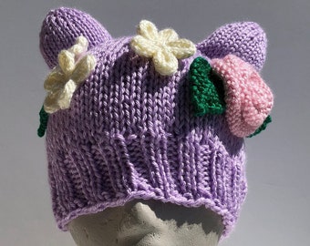 Purple Bunny with Flower Crown Beanie - Easter Bunny - Teen - Adult