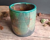 Vaso verde e nero in ceramica raku senza foro di drenaggio - cache-pot - portamestolo