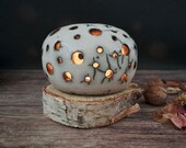 Sfera portacandele in ceramica raku su tronchetto di legno per candeline, citronella, tealight, incenso