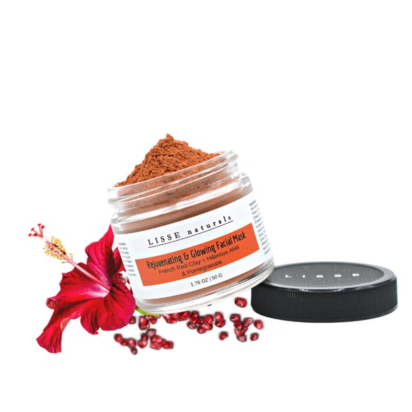 Rejuvenating - Glowing Facial Mask | French Red Clay + Hibiscus AHA & Pomegranate | Face Clay Masque -Natural Plant Based Alpha Hydroxy Acid