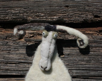 Felted Sheep with long horn. Felted Animal . Eco friendly. Needle felted Sheep. Wall Hanging. Felt animals. Sheep ornament. DaliaNerijusFelt