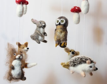 Felted baby mobile, forest animals and mushrooms, hedgehog, owl, hare, fox, baby deer, squirrel