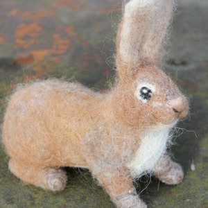 May include: A brown and white needle felted rabbit with a white patch on its chest. The rabbit is sitting on a green and brown textured surface.