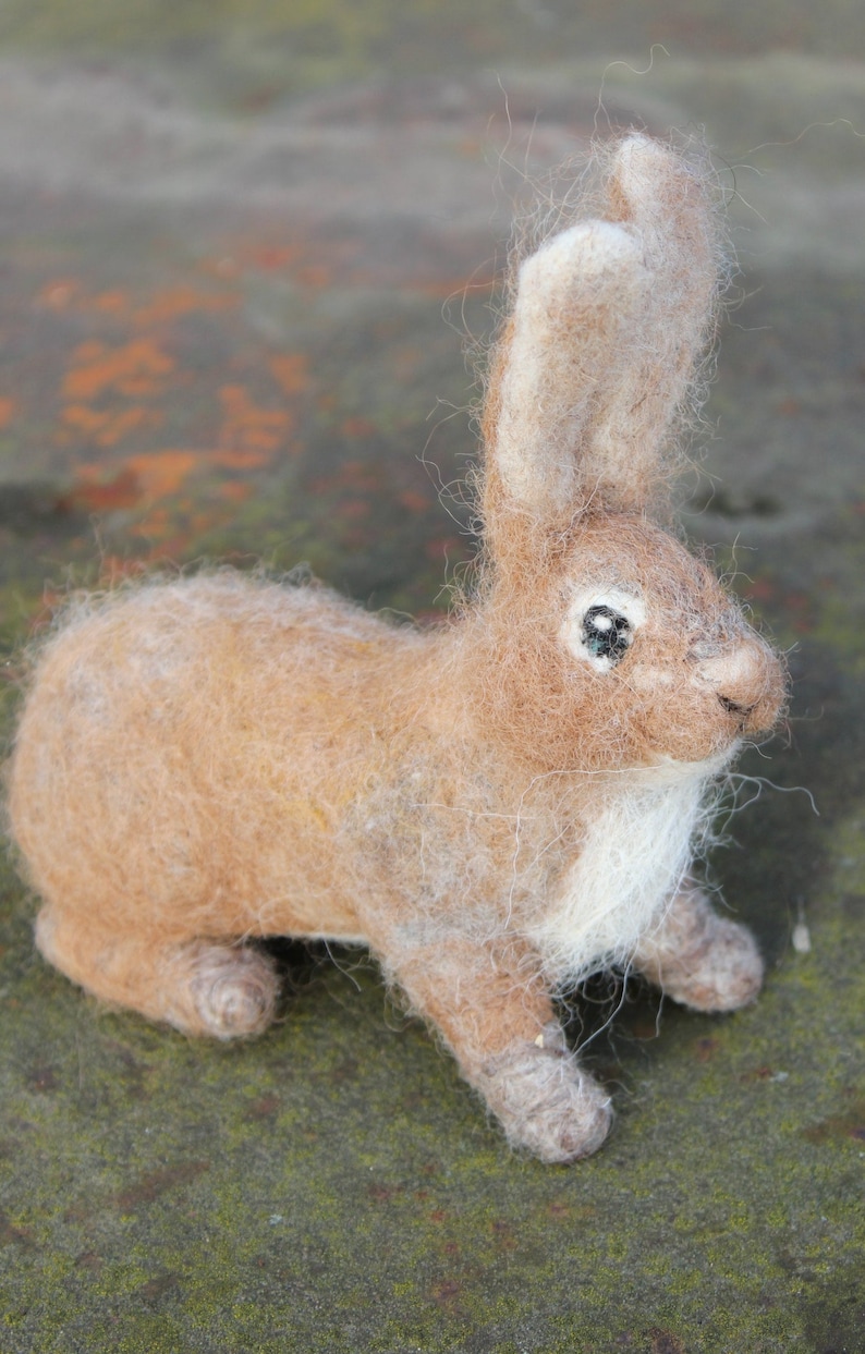 May include: A brown and white needle felted rabbit with a white patch on its chest. The rabbit is sitting on a green and brown textured surface.