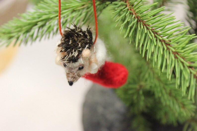 Needle Felted Christmas Hedgehog Decoration,Christmas Stocking,Unique accent,Needle Felt Ornament,Felting,Felt Hedgehog image 3