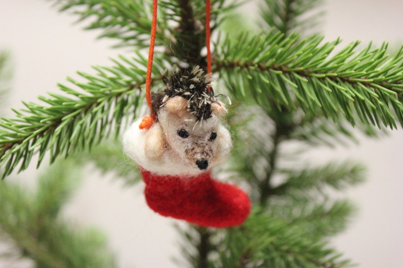 Needle Felted Christmas Hedgehog Decoration,Christmas Stocking,Unique accent,Needle Felt Ornament,Felting,Felt Hedgehog image 2