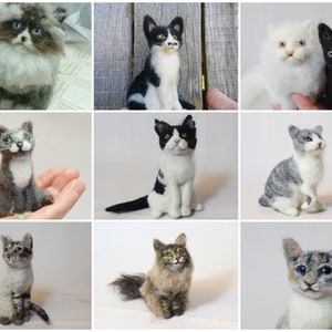 May include: Nine felted wool cat sculptures in various poses and colors, including white, black, gray, and tabby.