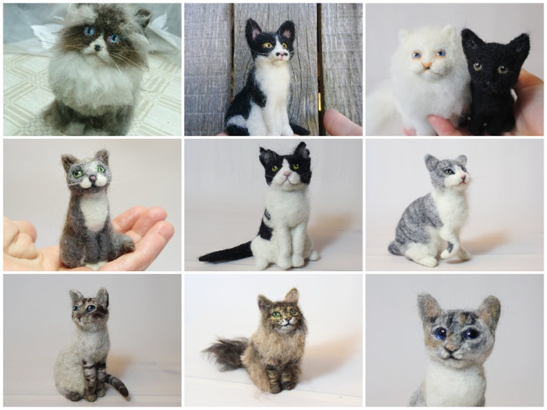 May include: Nine felted wool cat sculptures in various poses and colors, including white, black, gray, and tabby.