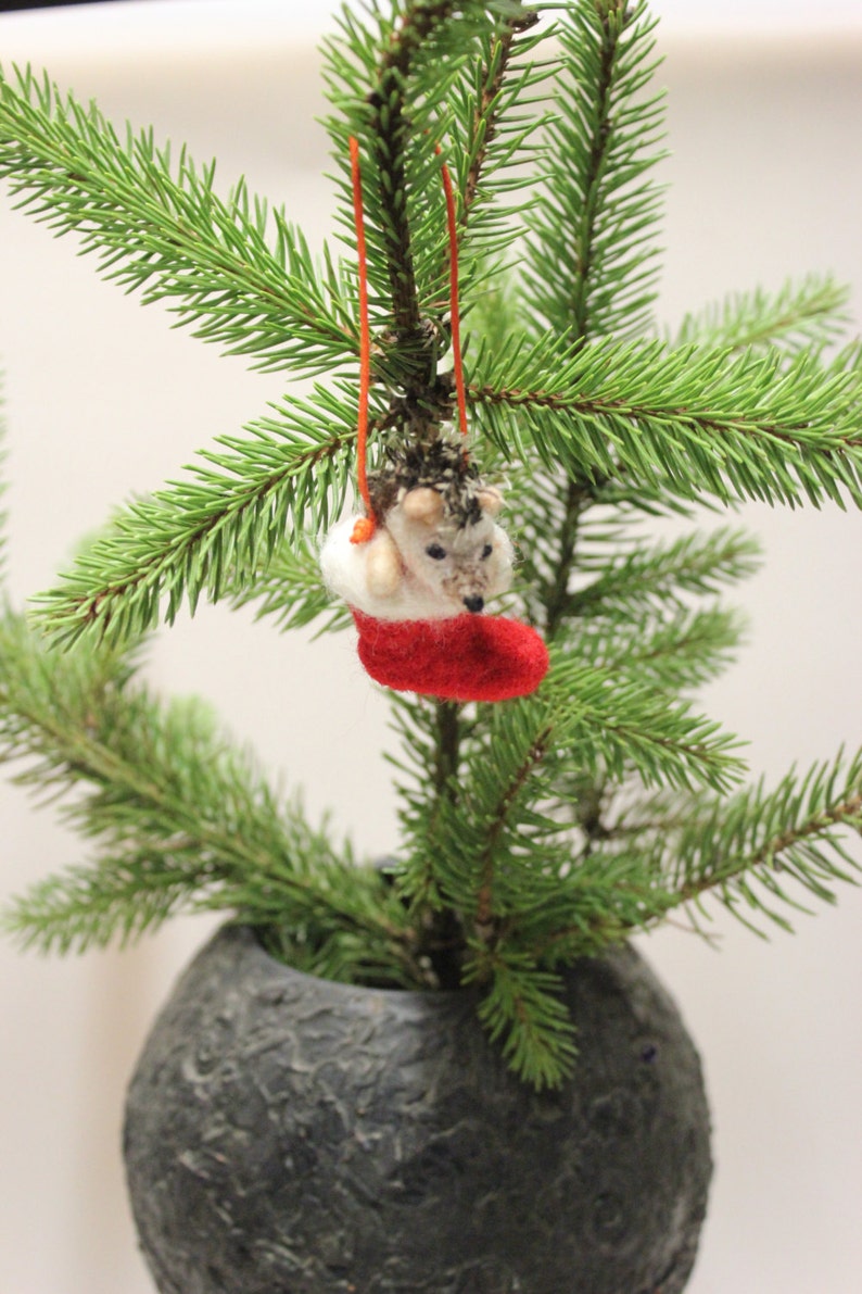 Needle Felted Christmas Hedgehog Decoration,Christmas Stocking,Unique accent,Needle Felt Ornament,Felting,Felt Hedgehog image 5