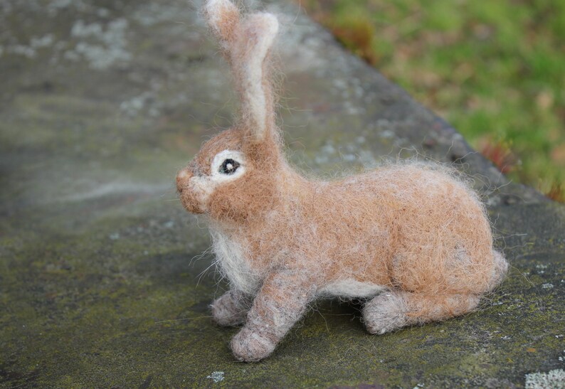 May include: A brown and white needle felted rabbit with long ears. The rabbit is sitting on a gray textured surface.