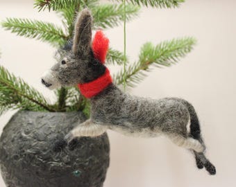 Christmas tree decoration-Needle felted donkey-tree Ornament-Handmade-gray-red-Felt animal-home decor-accent