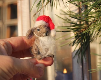 Christmas Bunny, Rabbit in a Christmas Hat, Needle Felted Animal, unique decoration, Christmas Ornament