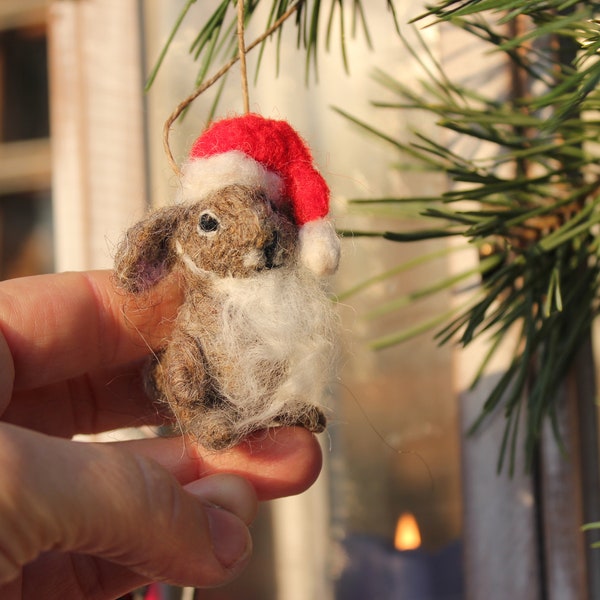 Needle Felted Christmas Bunny Ornament: Wool Rabbit in Santa Hat. 2 units